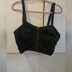 Dolls Kill - Current Mood - Black Denim Crop Top With Cutouts - XL